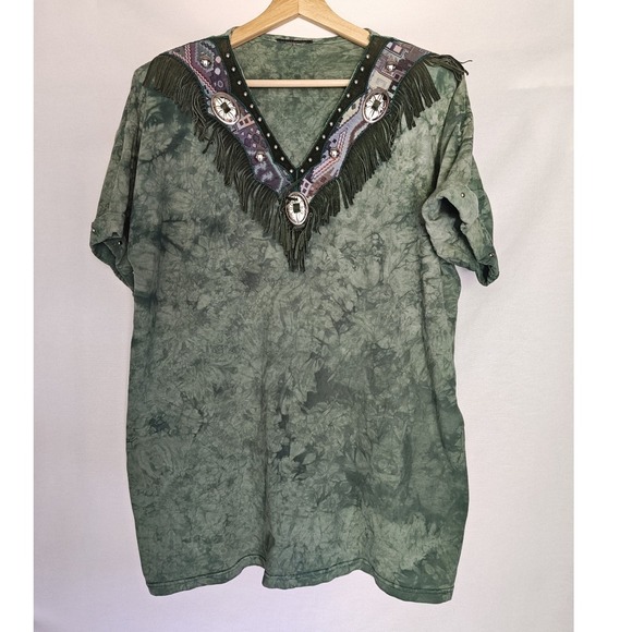 Vintage Tops - Western Fringe Embellished V Neck Shirt Green Tie Die Tee Conch Silver L‎ XL Art
